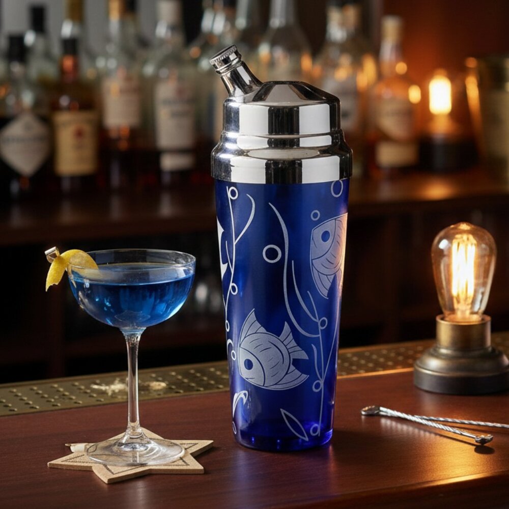 Vintage Hazel Atlas Cobalt and White Fish Cocktail Shaker